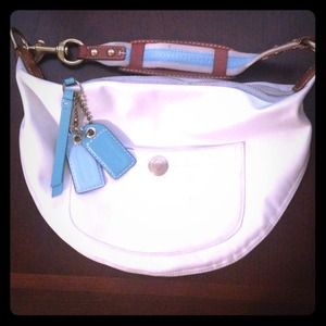 Authentic Coach Handbag, White Satin and Turquoise