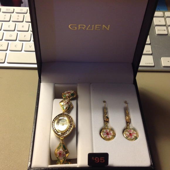 REDUCED! New! Gruen Cloisonné  watch & earring set - Picture 1 of 1