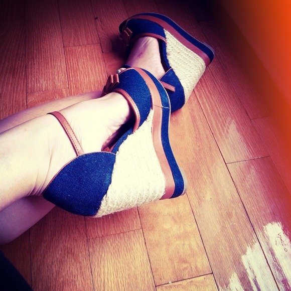 Shoes - Denim & Faux Leather Peep Toe + Raffia Wedge Heels