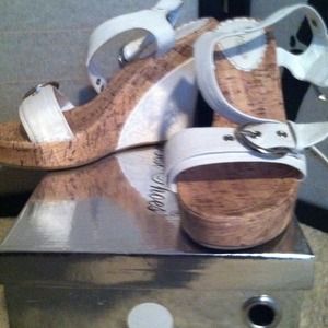 White leather sandals with cork wedge, rubber sole