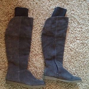 Gray leather knee high boots