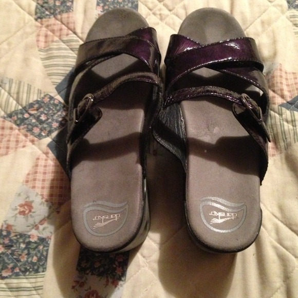 Dansko black patent leather wedge sandals, size 11