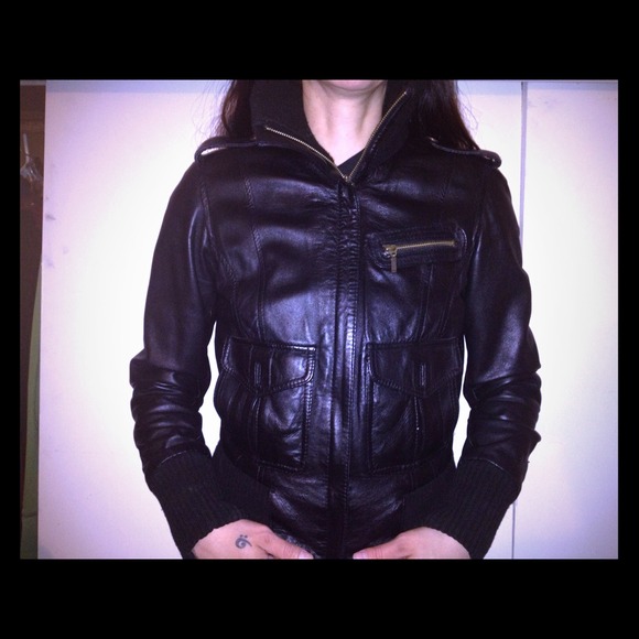 Oasis Black Leather Bomber Jacket