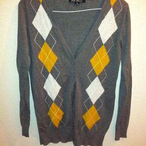 Grey, white, yellow argyle cardigan, size medium