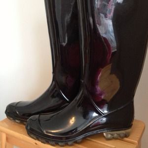 Coach black patent rain boots