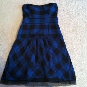 Blue black checkered strapless dress