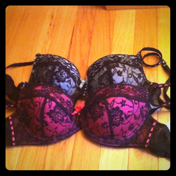Baby blue & hot pink lace bra's