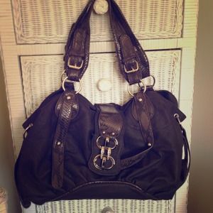 Brown leather bag with gold and snakeskin