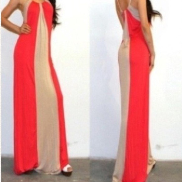 Very sexy coral and tan maxi dress - Picture 2 of 2