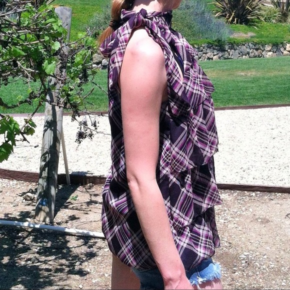 Purple plaid blouse with ruffles & tie at the neck - Picture 2 of 4