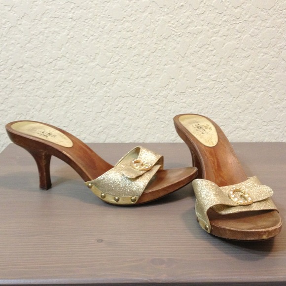 Sexy Gold Sparkle Wood Guess heels: Made in Italy