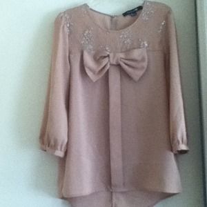 Pink Bow Blouse with Lace Detail