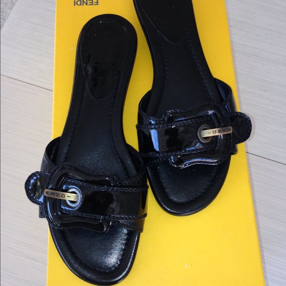 Fendi buckle black patent slip on sandles