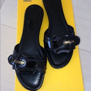 Fendi buckle black patent slip on sandles