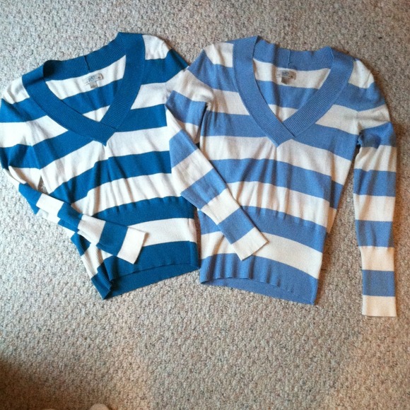 Two striped sweaters (left-teal & right-baby blue)