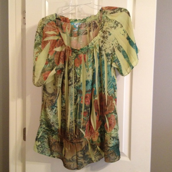 Fun green floral sheer top plus size