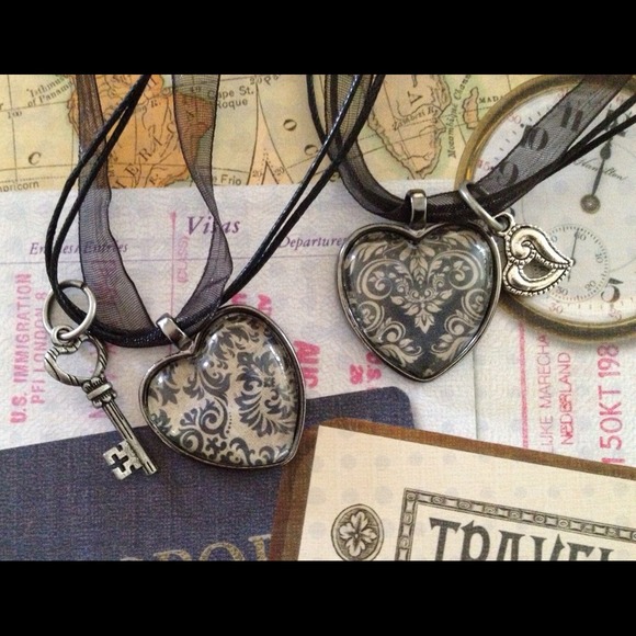 Black damask heart glass tile necklace