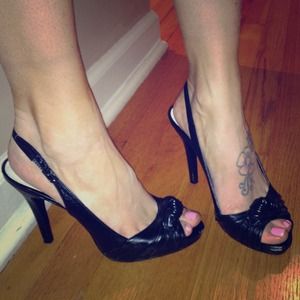 Worn once! Black peep toe sling back heels