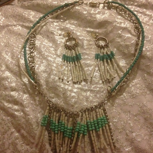 Bead and chain necklace and earring set