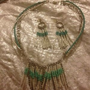 Bead and chain necklace and earring set