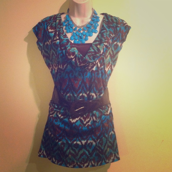 Turquoise and brown animal print top
