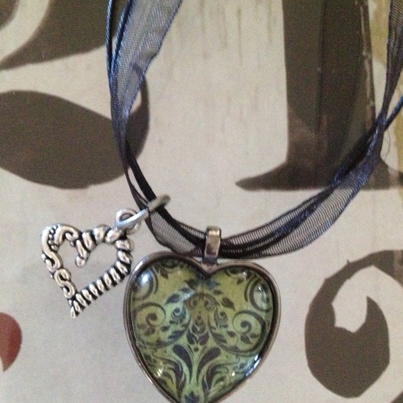 Green damask heart glass tile necklace