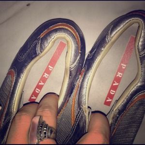 Auth Prada Silver  Slip-on sneakers walking shoes