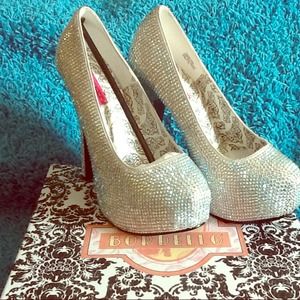 Opal Rhinestone Pumps with silver satin.