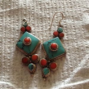 Sterling silver green/red turquoise earrings
