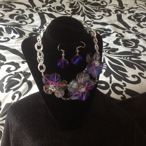 Purple iridescent flower necklace and earrings set