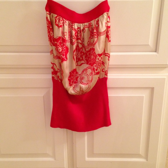 Red and beige bebe strapless top