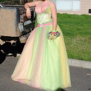 Pink, yellow and green beautiful prom dress