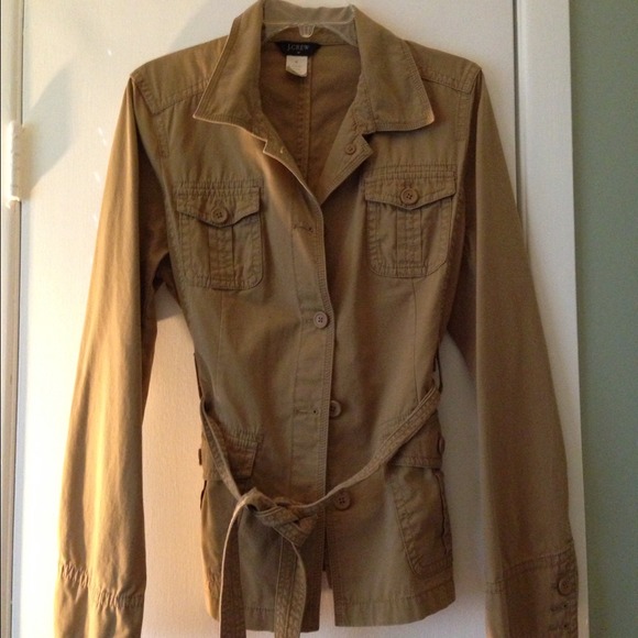 JCrew tan belted blazer.