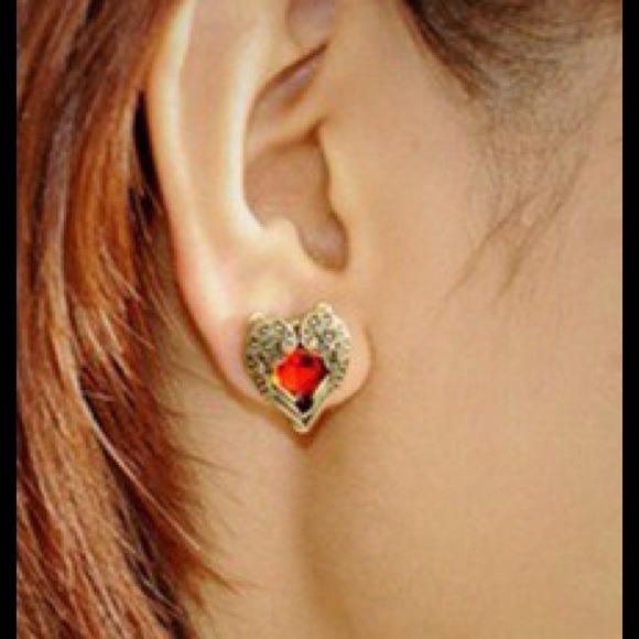 RED HEART WING EARRINGS - Picture 2 of 2