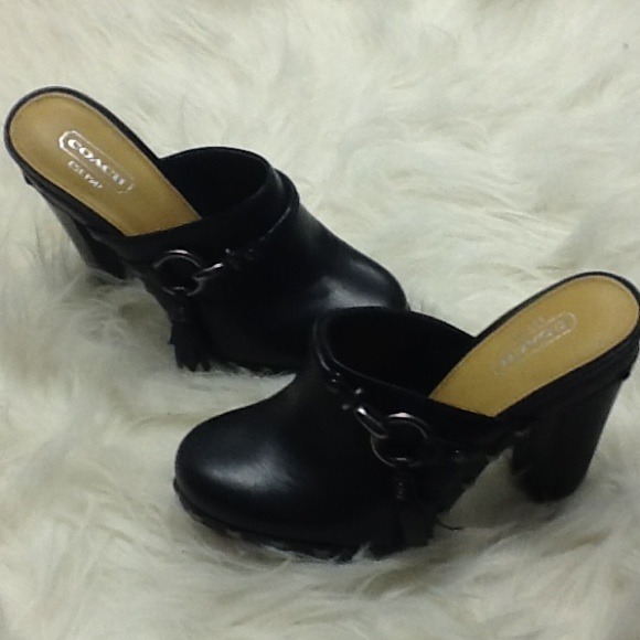 Blk leather studded Coach clog platforms