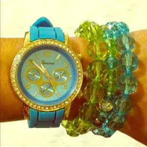 **SOLD** Geneva Blue Watch with Gold Face