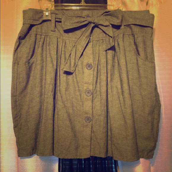 Denim paperbag waist button front skirt