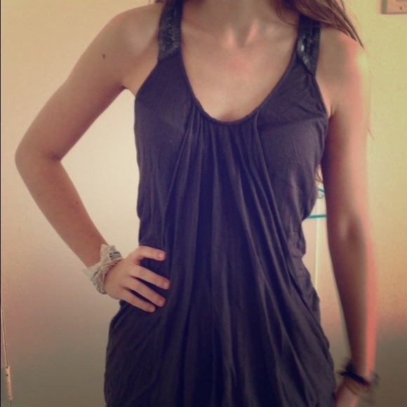 Dark grey sleeveless top with bejeweled detail