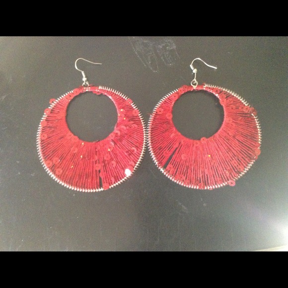 Red Sequined/threaded Hoop Earrings - Picture 2 of 2