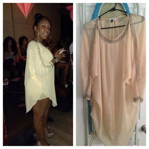 ELEGANT SHEER SEE THRU CREAM STUDDED DRESS