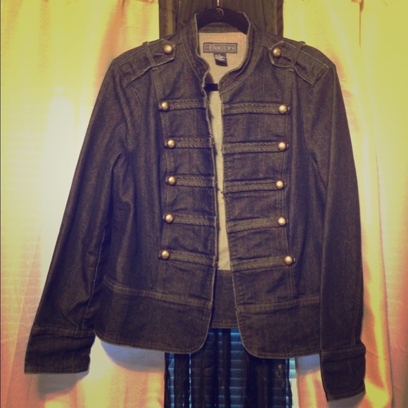 Military style denim jacket with Nehru collar