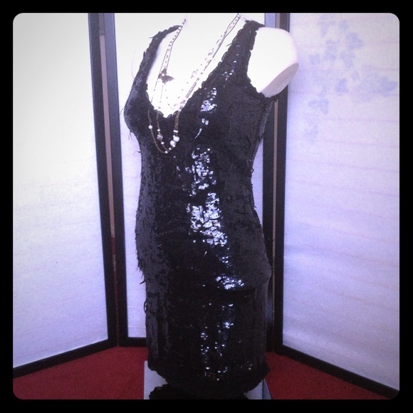 Bebe Great Gatsby Black Sequin Ruffled Dress Small