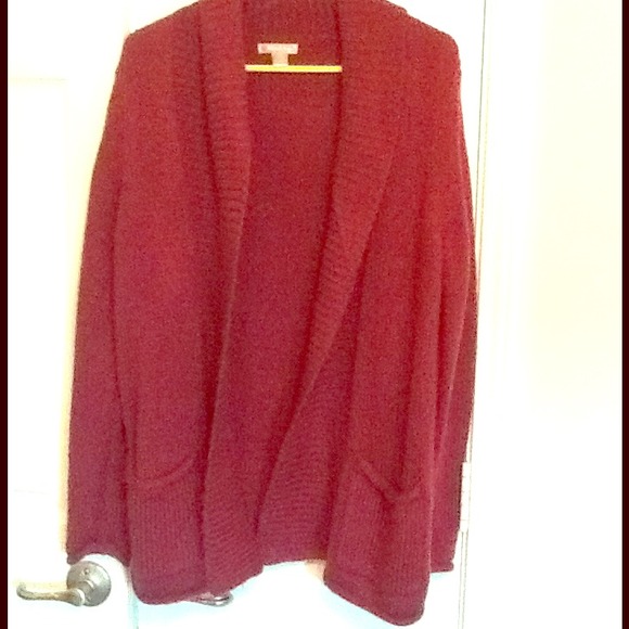 cranberry color open knit cardigan, with pockets