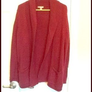 cranberry color open knit cardigan, with pockets