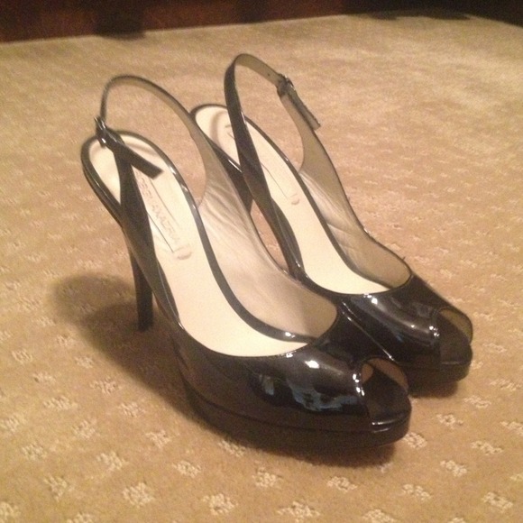 BCBG black patent peep toe sling backs