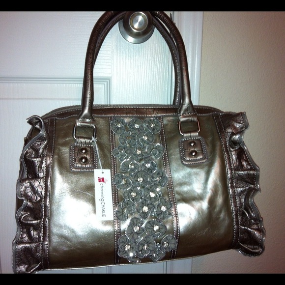 NWT silver with zipper flowers tote