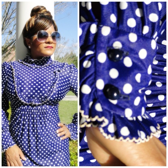 ***SOLD***Vtg Navy Polka Dot Dress - Picture 2 of 2