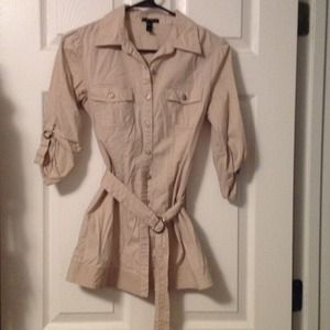 Longer tan button down top with belt