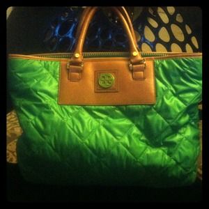 Tory Burch green quilted tote w/ tan leather