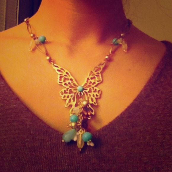 Glam gold, turquoise butterfly necklace